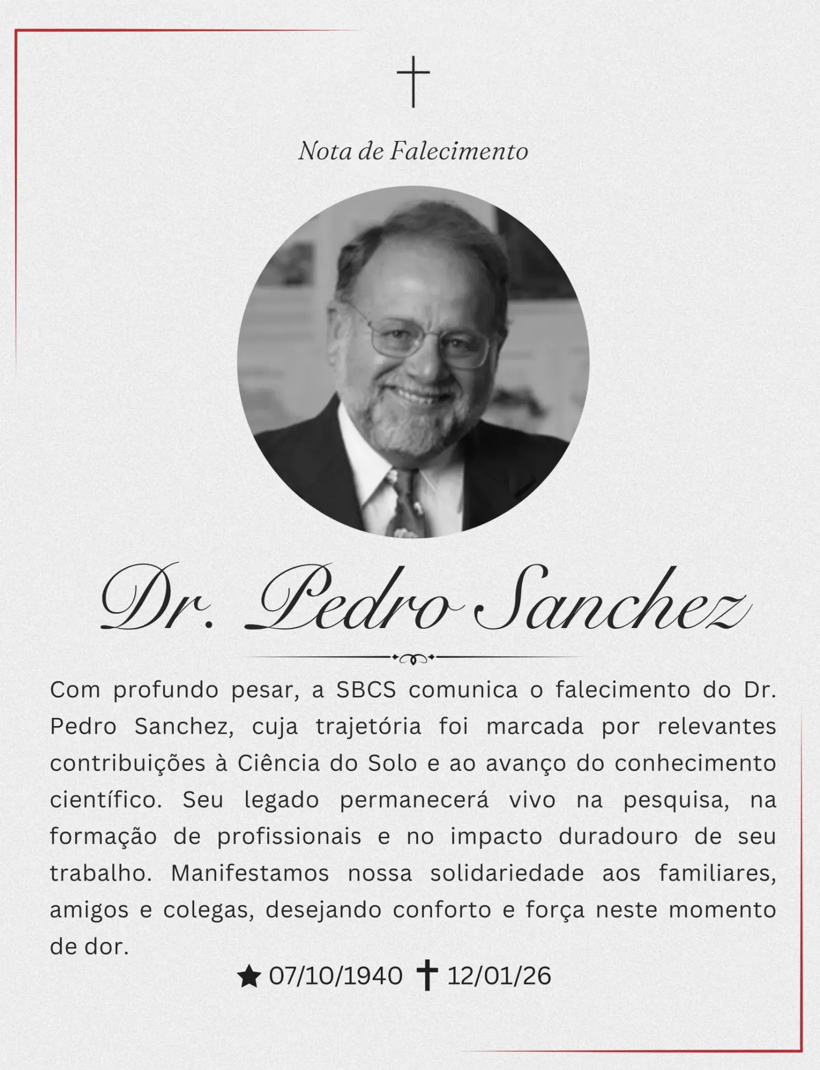 Com profundo pesar, a SBCS comunica o falecimento do Dr.